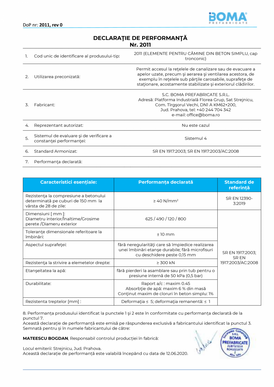 Pagina 1-Declaratie de performanta nr. 2011 - Cap tronconic di 625 de 800 BOMA Cap tronconic - 800...