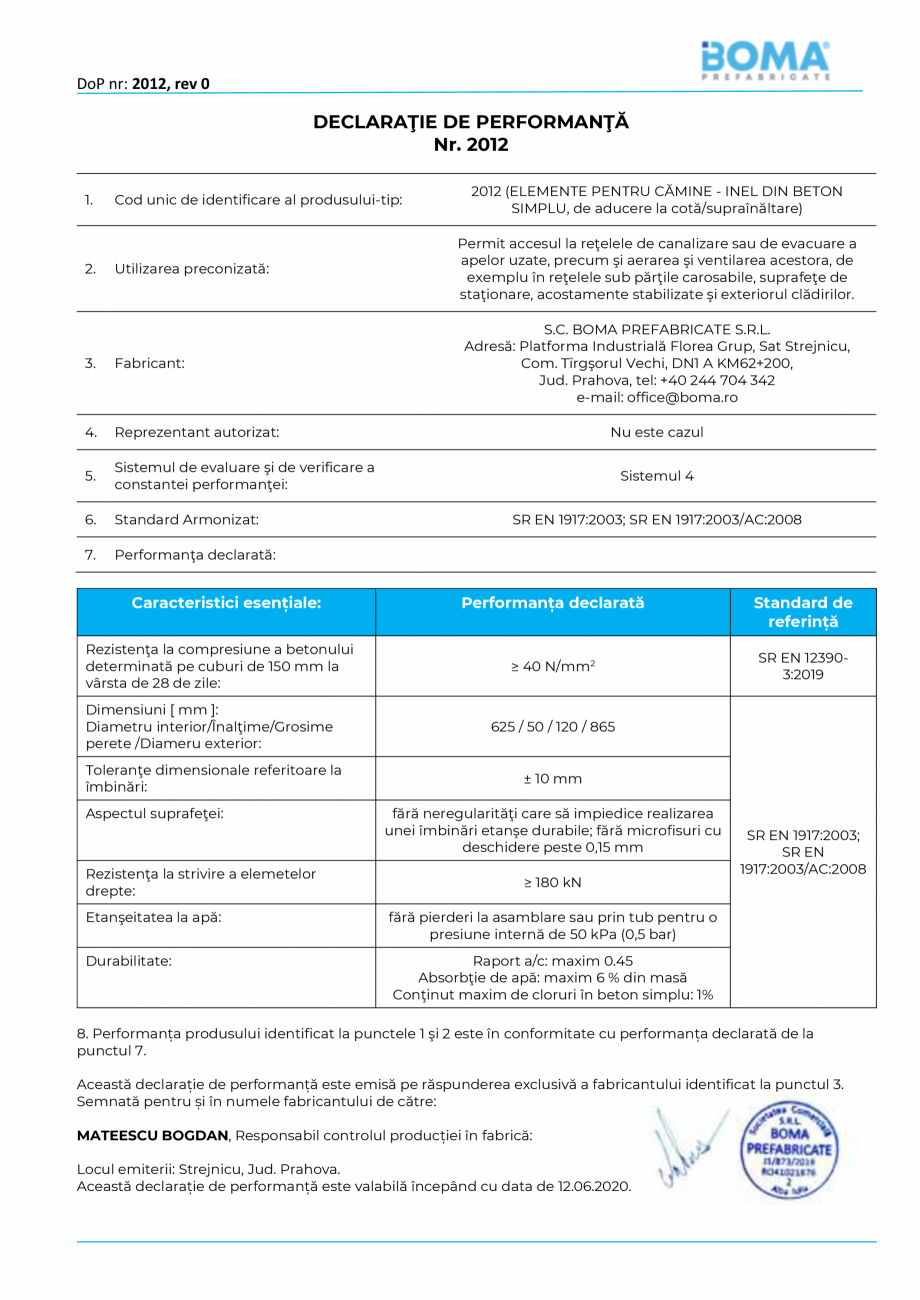 Pagina 1-Declaratie de performanta nr 2012 - Inel de aducere la cota - suprainaltare di 625 H 50 BOMA Inele...