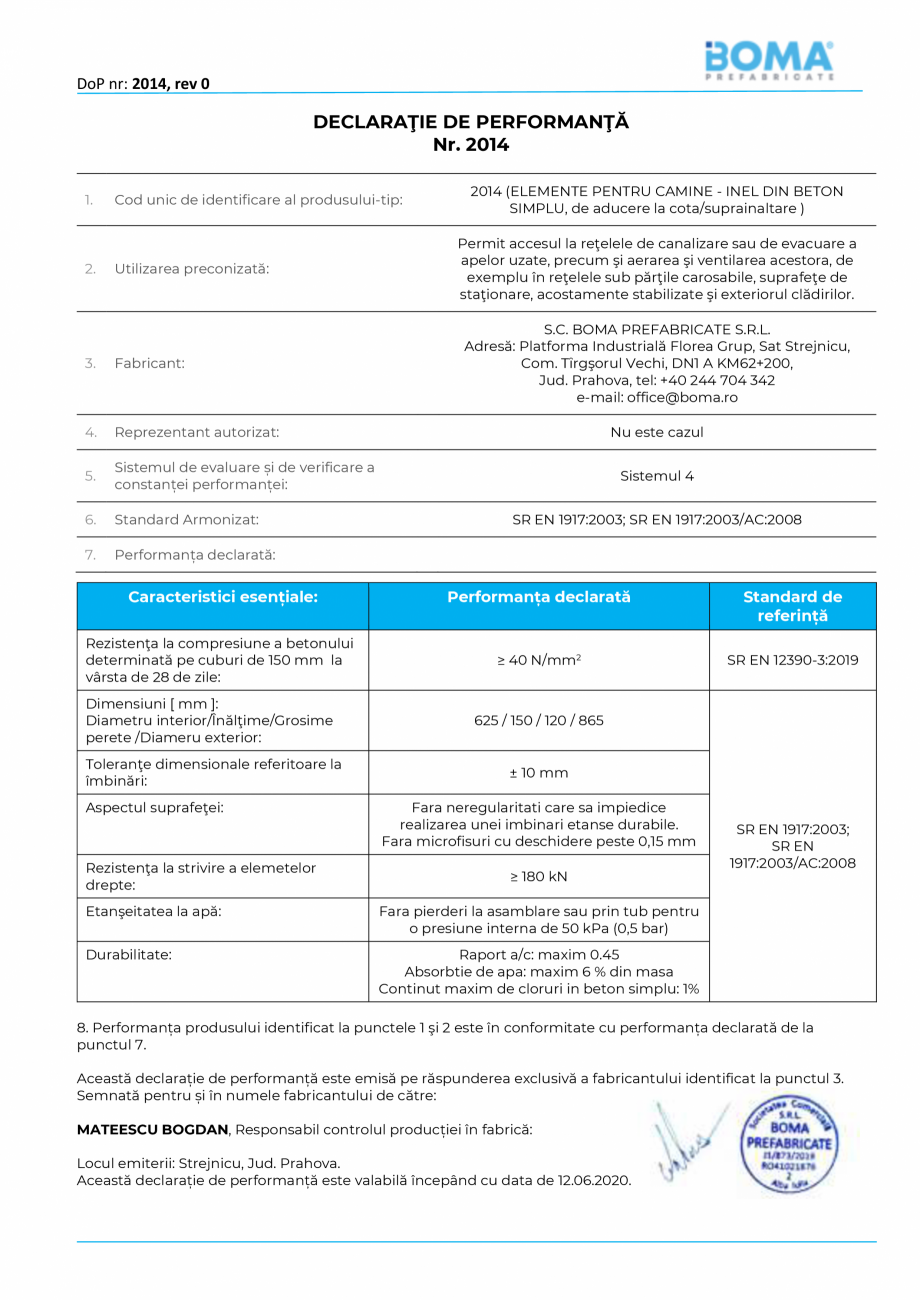 Pagina 1-Declaratie de performanta nr 2014 - Inel de aducere la cota - suprainaltare di 625 H 150 BOMA Inele ...