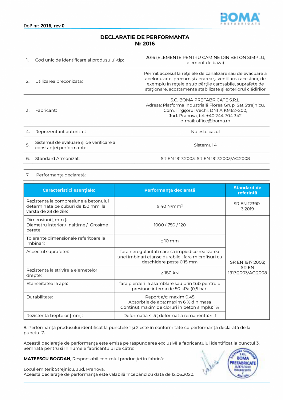 Pagina 1-Declaratie de performanta nr. 2016 - Element de baza pentru camine di 1000 H 750 g 120 BOMA Element ...
