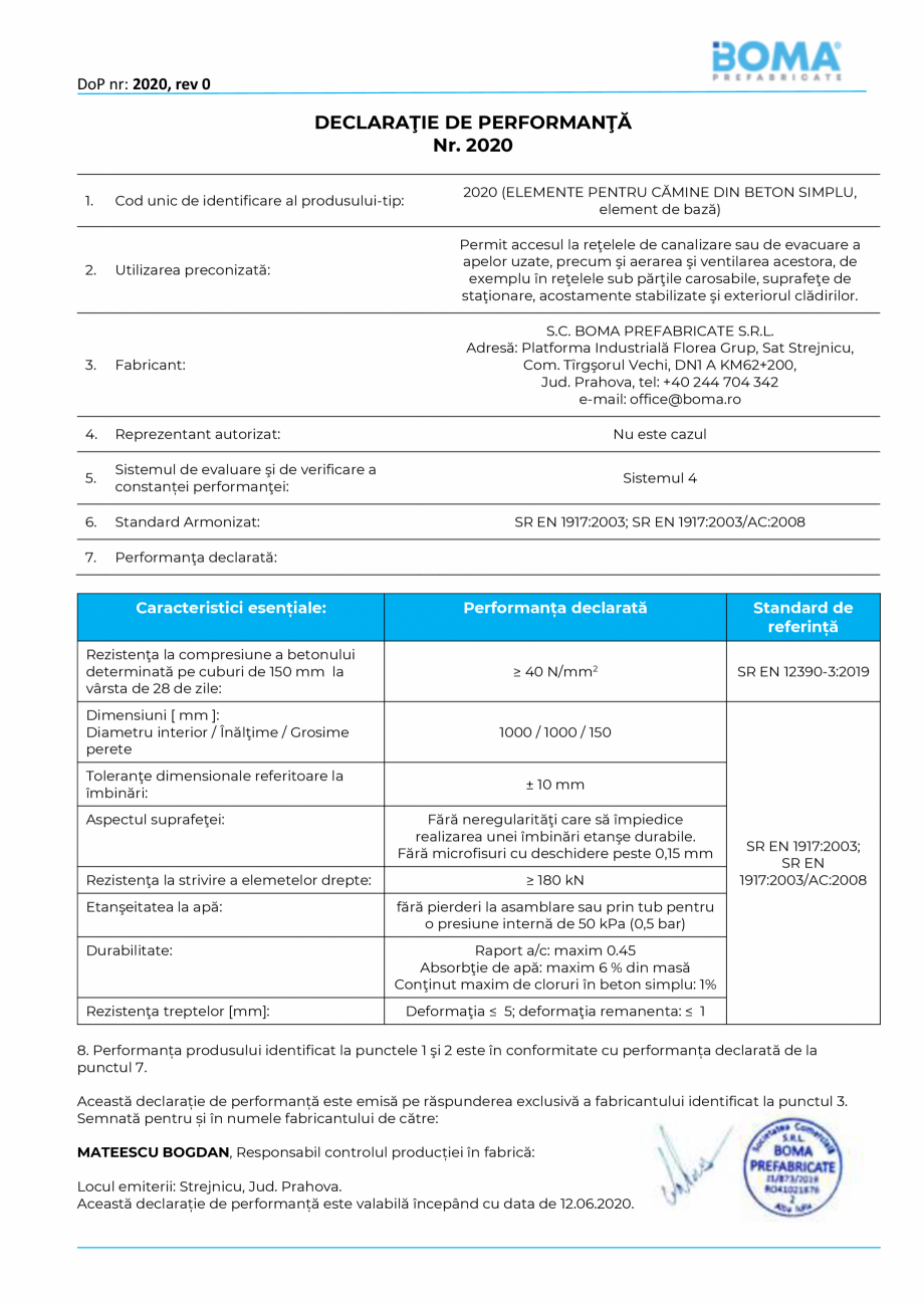 Pagina 1-Declaratie de performanta nr. 2020 - Element de baza pentru camine di 1000 H 1000 g 150 BOMA Element...