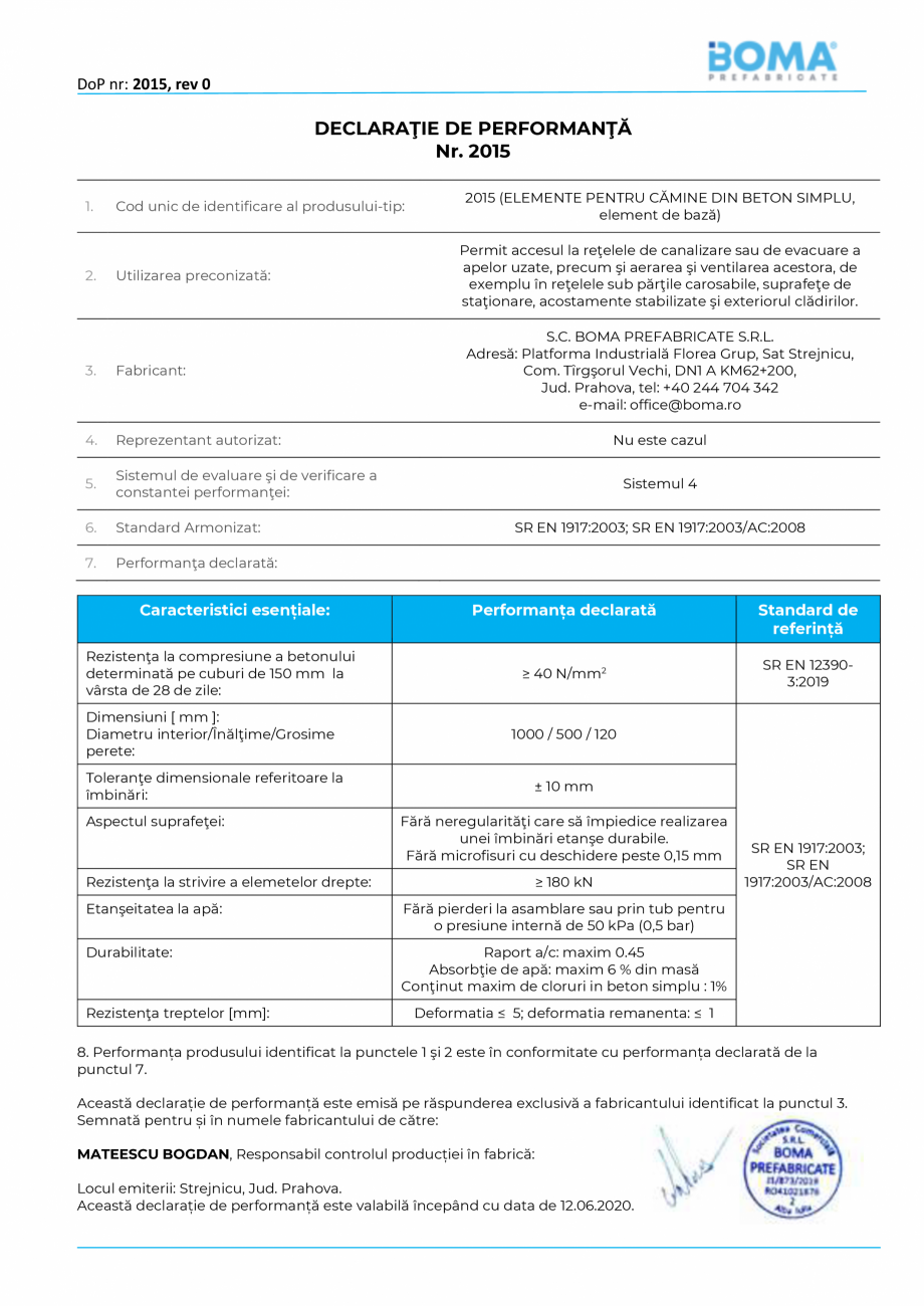 Pagina 1-Declaratie de performanta nr. 2015 - Element de baza pentru camine di 1000 H 500 g 120 BOMA Element ...