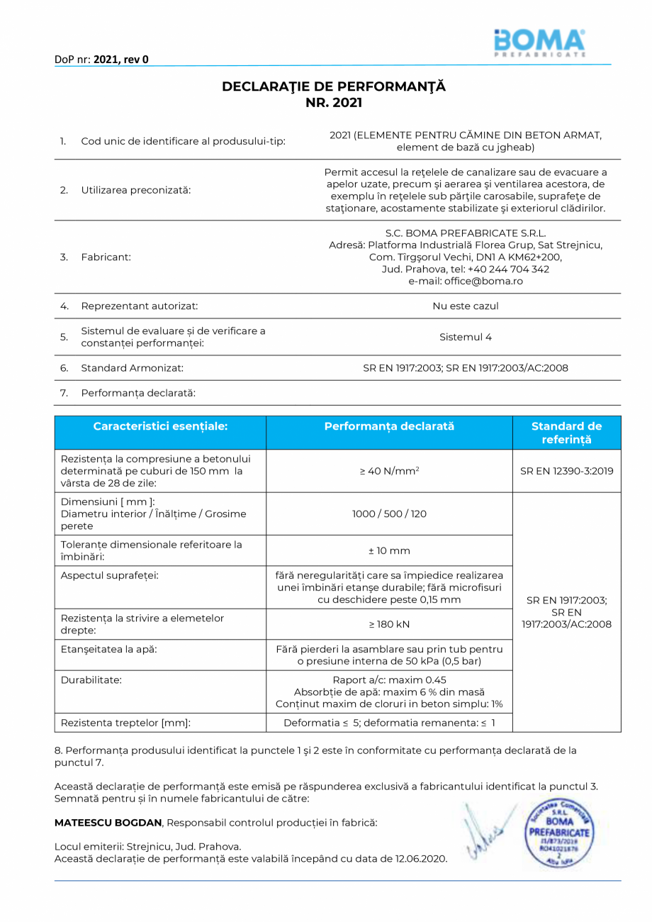 Pagina 1-Declaratie de performanta nr. 2021 - Element de baza cu jgheab pentru camine di 1000 H 500 g 120...