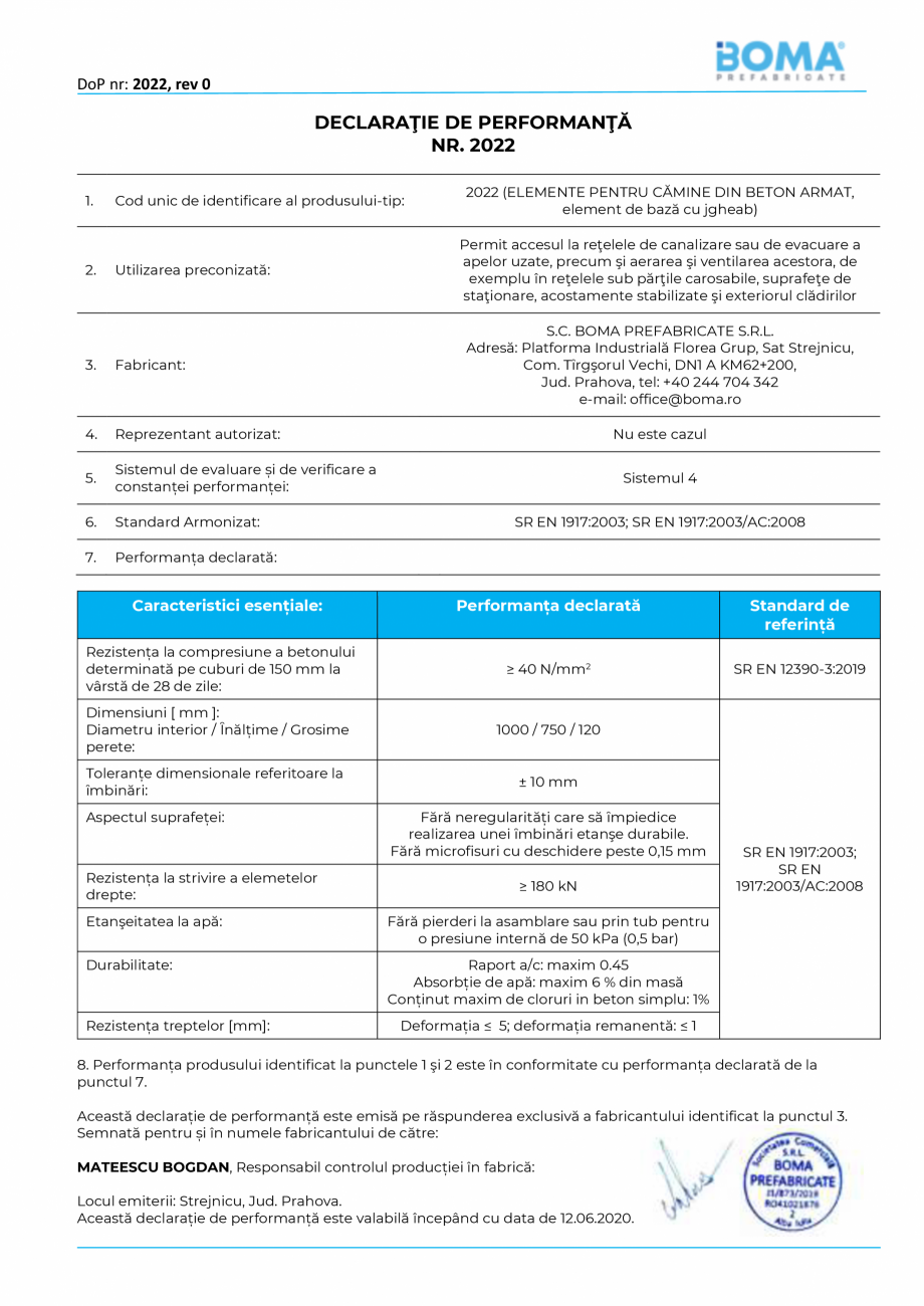 Pagina 1-Declaratie de performanta nr. 2022 - Element de baza pentru camine di 1000 H 750 g 120 BOMA Element ...