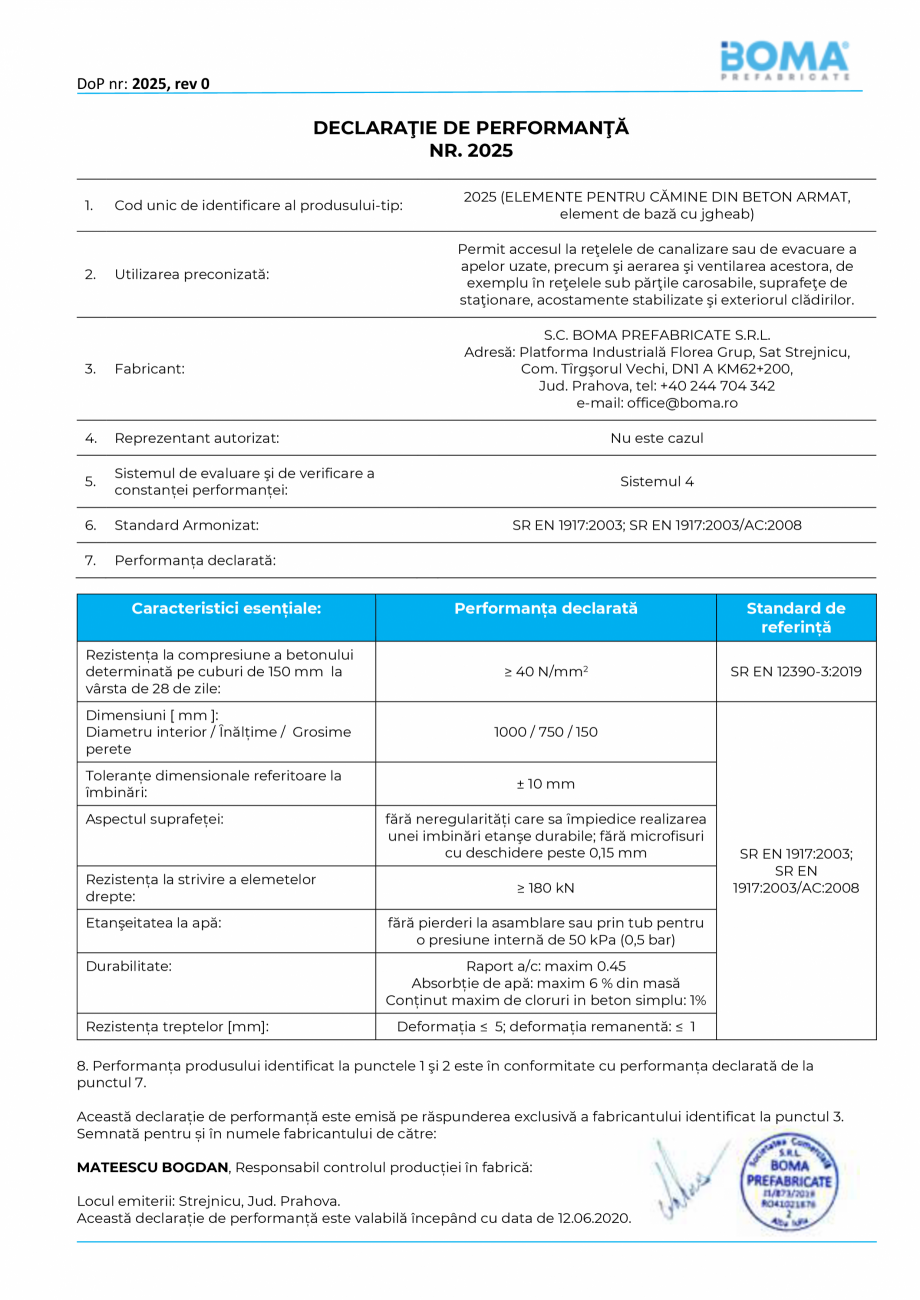 Pagina 1-Declaratie de performanta nr. 2025 - Element de baza pentru camine di 1000 H 750 g 150 BOMA Element ...