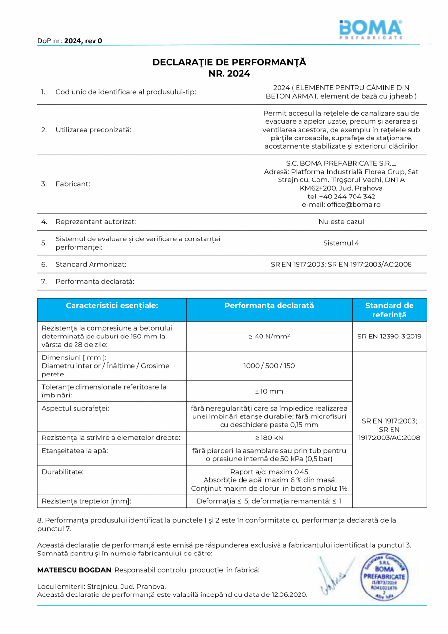 Pagina 1-Declaratie de performanta nr. 2024 - Element de baza pentru camine di 1000 H 500 g 150 BOMA Element ...