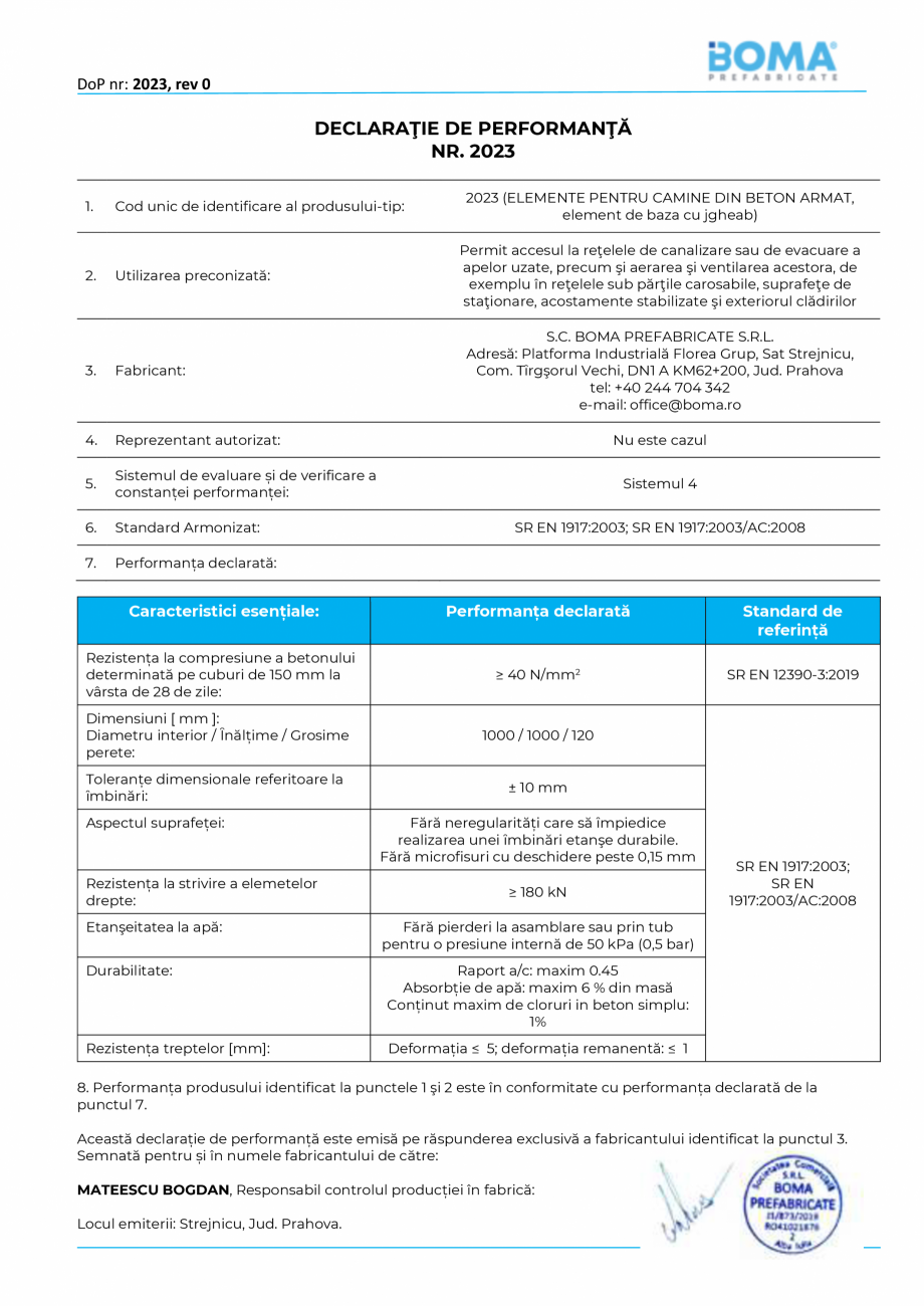 Pagina 1 - Declaratie de performanta nr. 2023 - Element de baza pentru camine di 1000 H 1000 g 120...