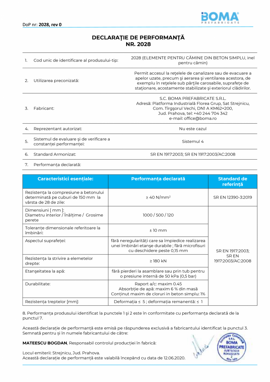 Pagina 1-Declaratie de performanta nr. 2028 - Inel pentru camin di 1000 H 500 BOMA Inel pentru camine - 1000 ...