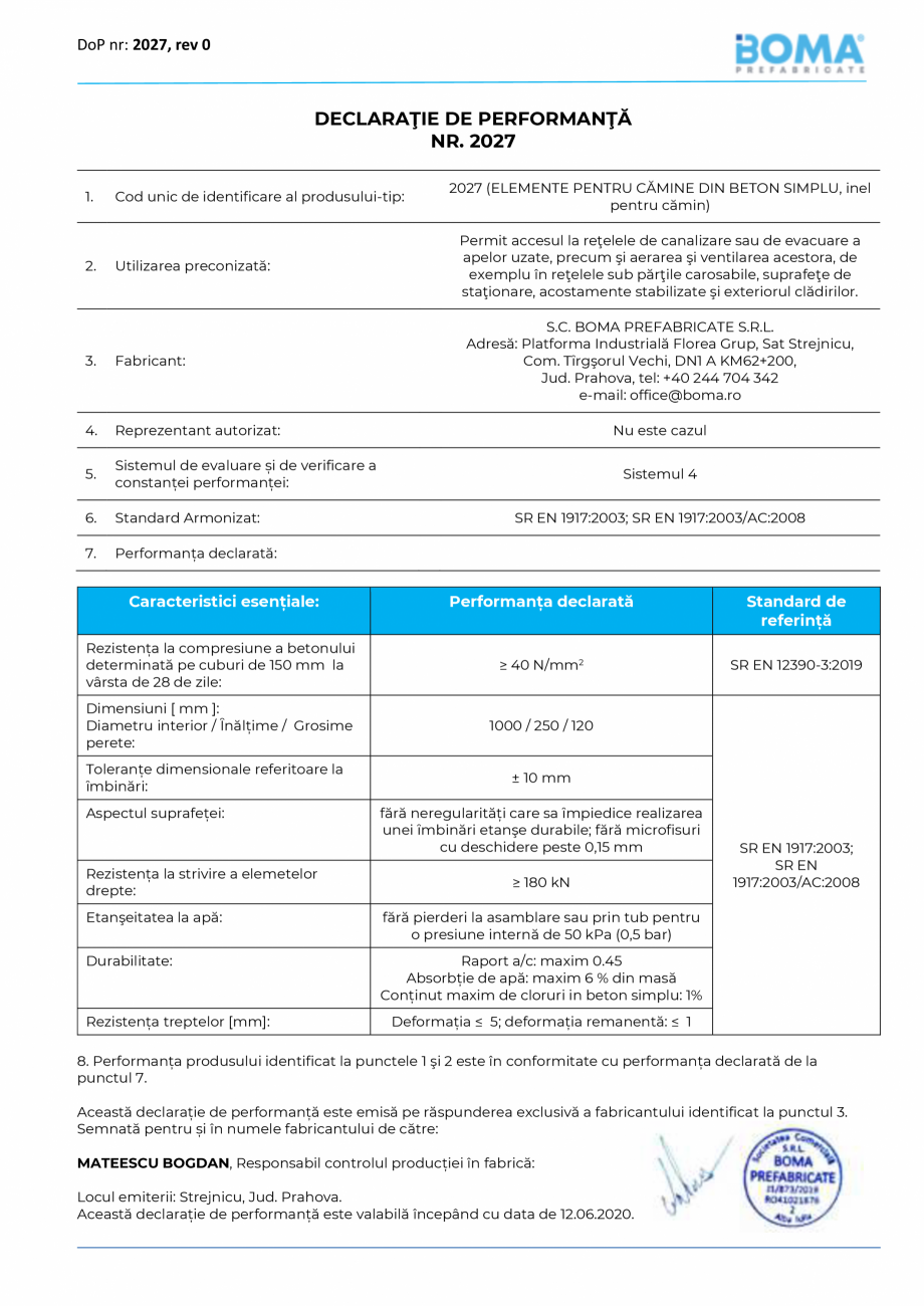 Pagina 1-Declaratie de performanta nr. 2027 - Inel pentru camin di 1000 H 250 BOMA Inel pentru camine - 1000 ...