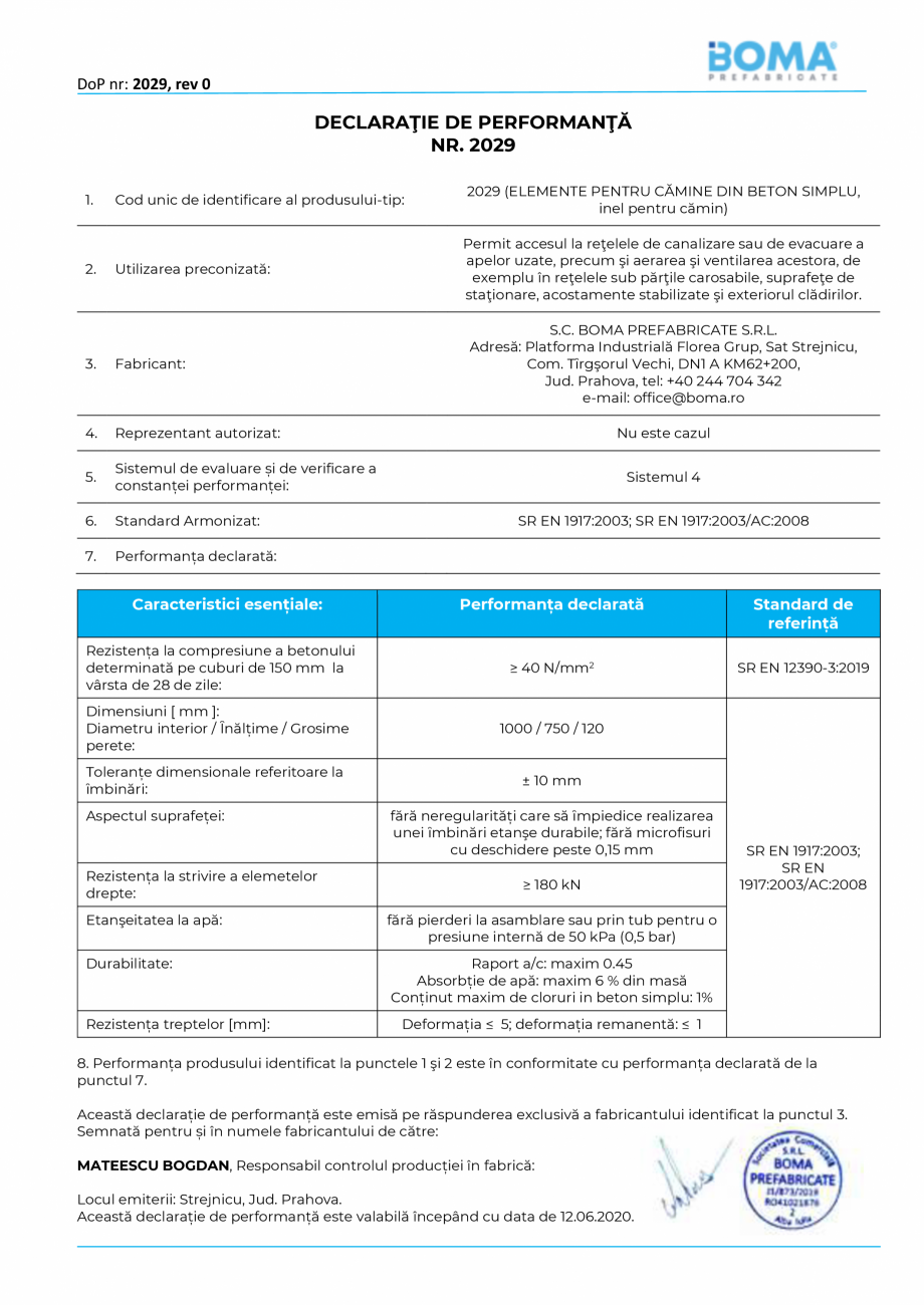 Pagina 1-Declaratie de performanta nr. 2029 - Inel pentru camin di 1000 H 750 BOMA Inel pentru camine - 1000 ...