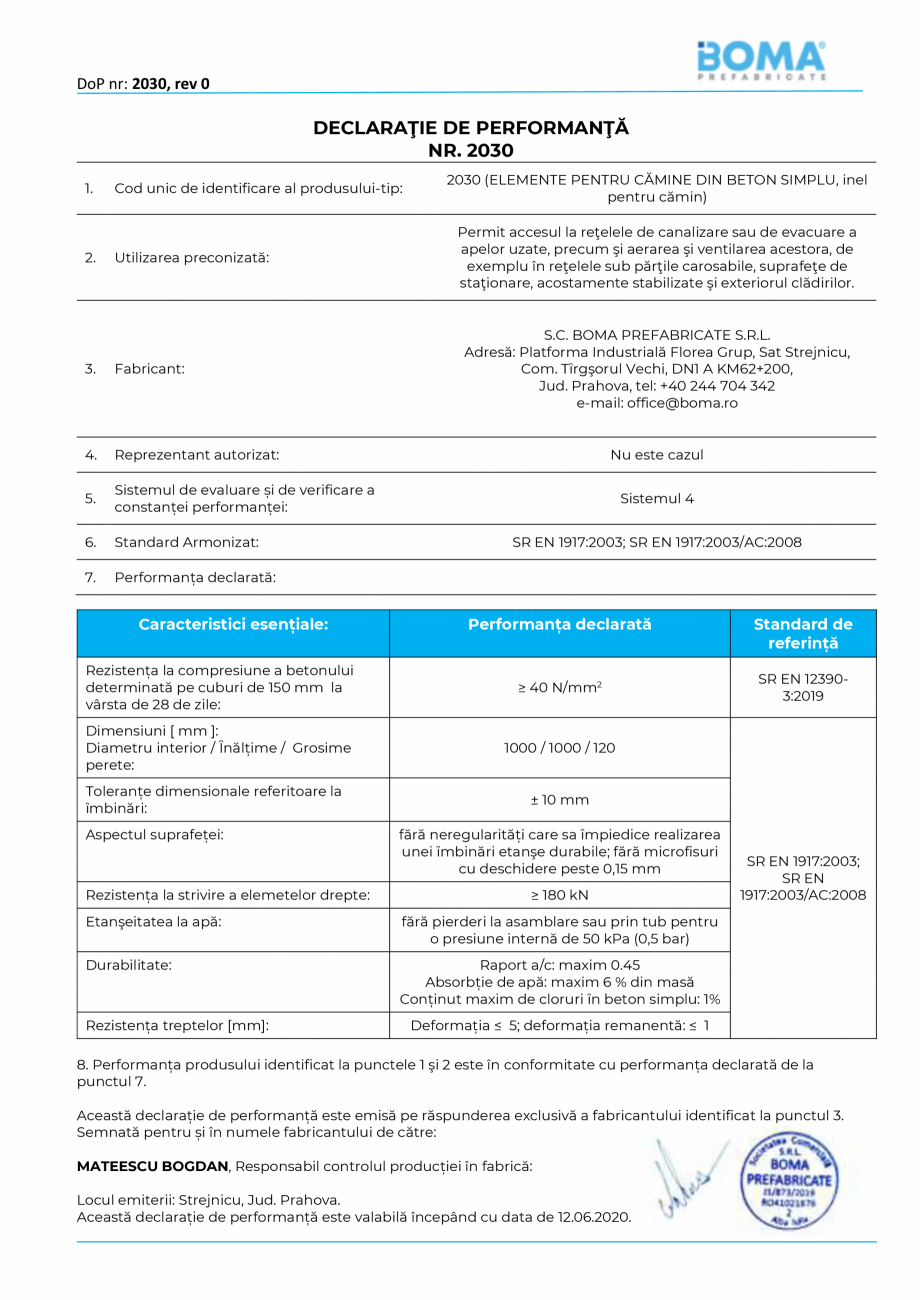 Pagina 1-Declaratie de performanta nr. 2030 - Inel pentru camin di 1000 H 1000 BOMA Inel pentru camine - 1000...