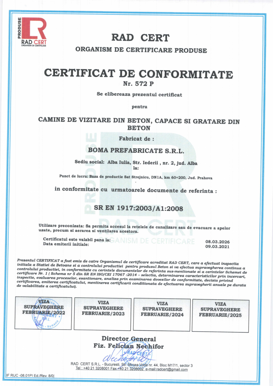Pagina 1 - Certificat de conformitate Nr. 572 P pentru capace si gratare din beton BOMA Capac...