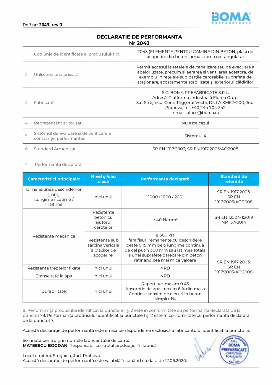 Pagina 1-Declaratie de performanta nr 2043 pentru capac carosabil rectangular- Rama rectangulara din beton...