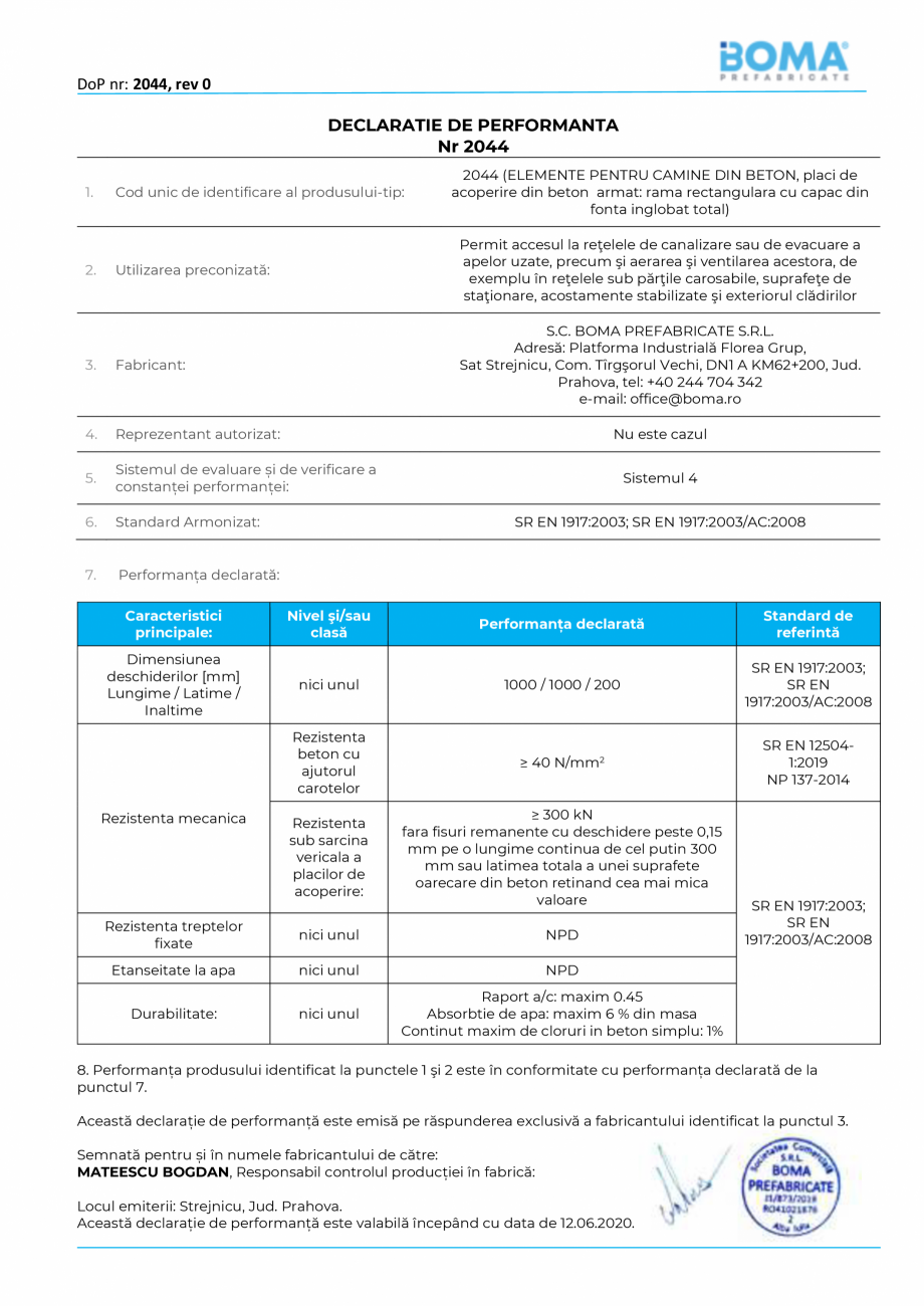 Pagina 1-Declaratie de performanta nr 2044 pentru capac carosabil rectangular - rama rectangulara din beton...