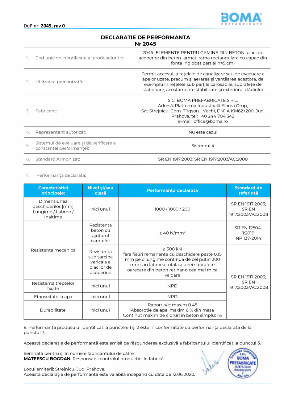 Pagina 1-Declaratie de performanta nr 2045 pentru capac carosabil rectangular - rama rectangulara din beton...