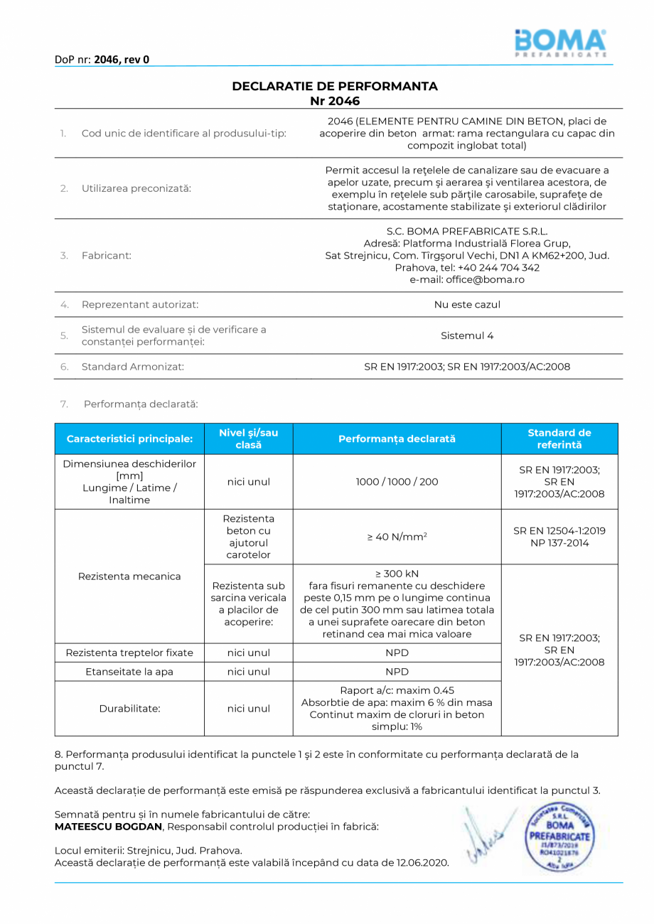 Pagina 1-Declaratie de performanta nr 2046 pentru capac carosabil rectangular - rama rectangulara din beton...