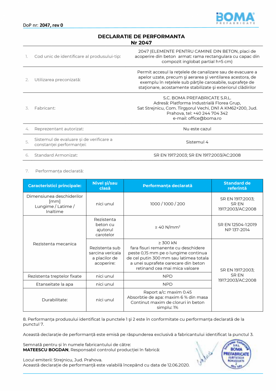 Pagina 1-Declaratie de performanta nr 2047 pentru capac carosabil rectangular - rama rectangulara din beton...