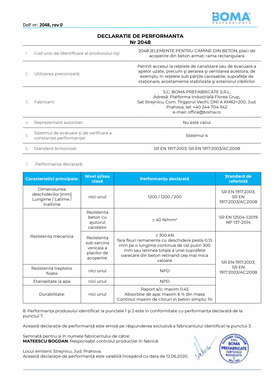 Pagina 1-Declaratie de performanta nr 2048 pentru capac carosabil rectangular - rama rectangulara din beton...