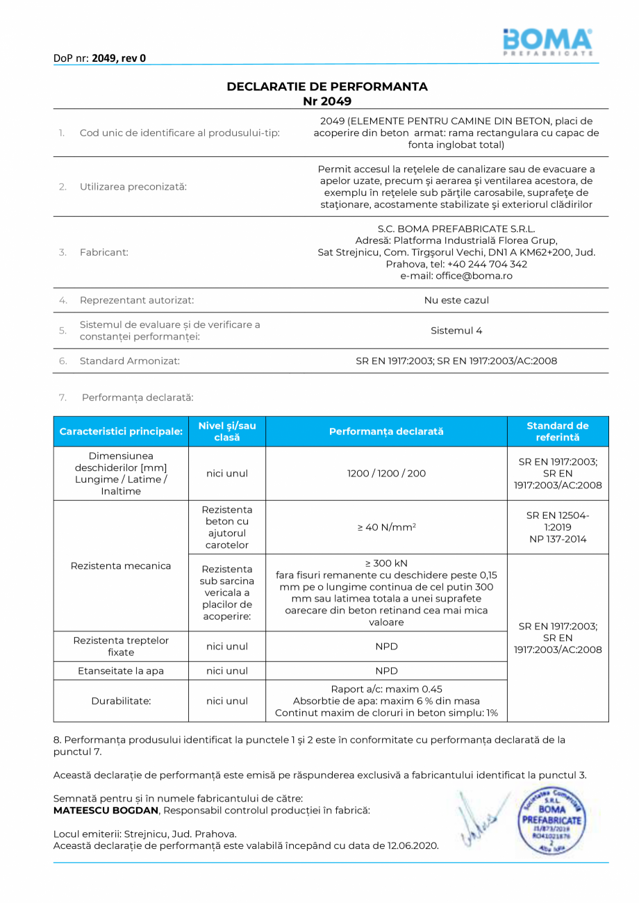 Pagina 1-Declaratie de performanta nr 2049 pentru capac carosabil rectangular - rama rectangulara din beton...