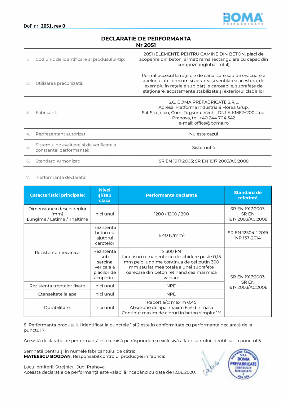 Pagina 1-Declaratie de performanta nr 2051 pentru capac carosabil rectangular - rama rectangulara din beton...