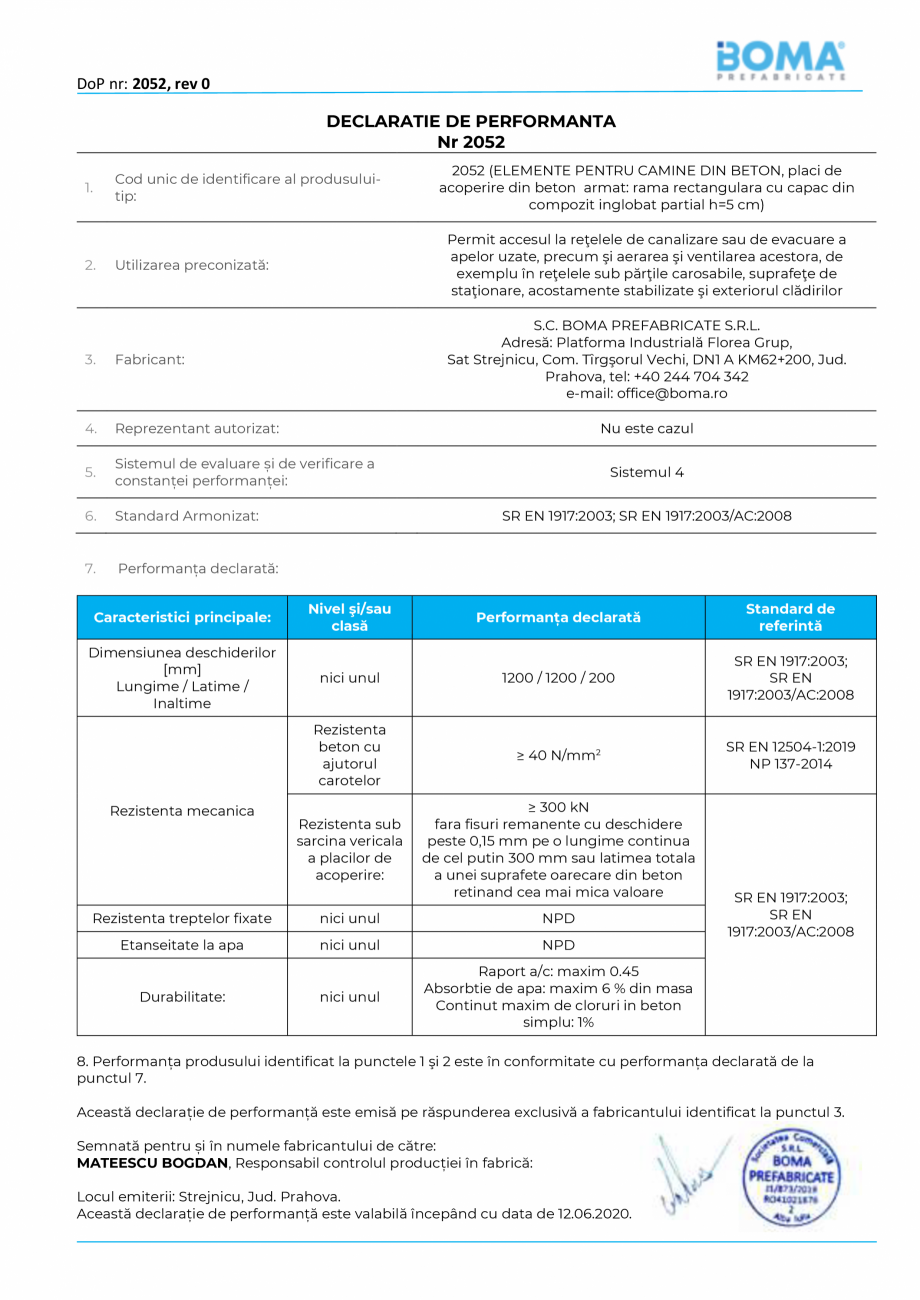 Pagina 1-Declaratie de performanta nr 2052 pentru capac carosabil rectangular - rama rectangulara din beton...