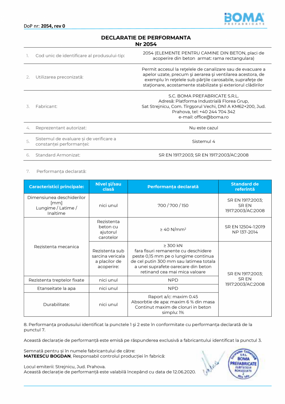 Pagina 1-Declaratie de performanta nr. 2054 pentru gratar carosabil - Rama rectangulara din beton armat...