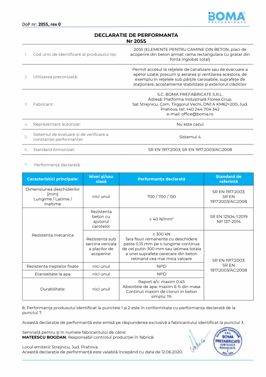 Pagina 1-Declaratie de performanta nr. 2055 pentru - gratar carosabil - Rama rectangulara din beton armat...