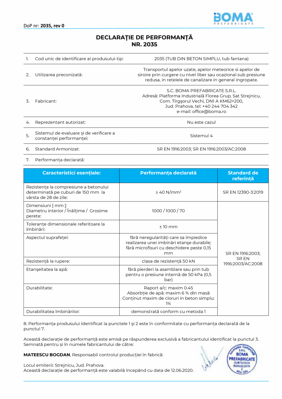Pagina 1 - Declaratie de performanta nr 2035 -Tub fantana di 1000 H 1000 g 70 BOMA Rezervor apa BOMA...
