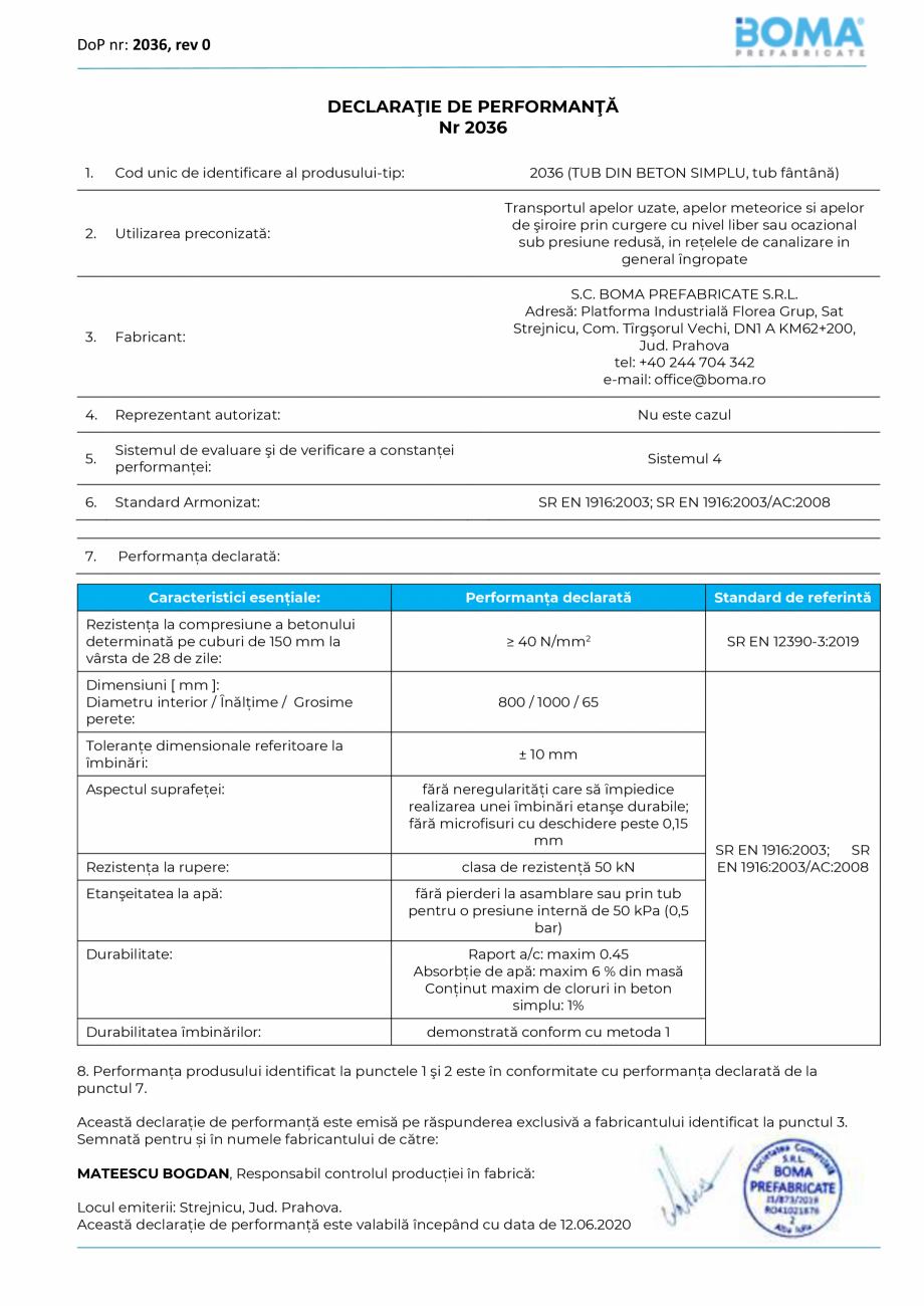 Pagina 1-Declaratie de performanta nr 2036 -Tub fantana di 80 H 1000 g 65 BOMA Rezervor apa BOMA PREFABRICATE...