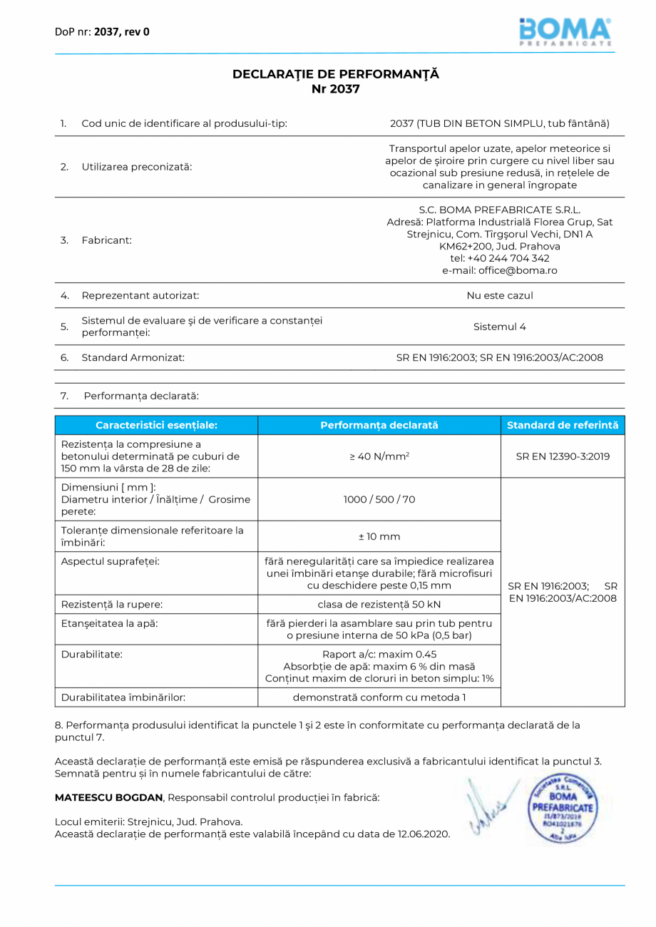 Pagina 1-Declaratie de performanta nr 2037 -Tub fantana di 1000 H 500 g 70 BOMA Rezervor apa BOMA...