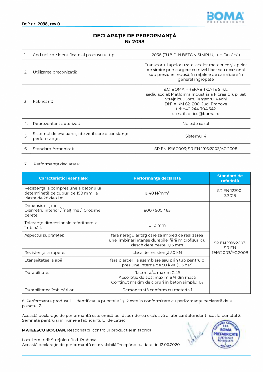 Pagina 1-Declaratie de performanta nr 2038 -Tub fantana di 800 H 500 g 65 BOMA Rezervor apa BOMA PREFABRICATE...