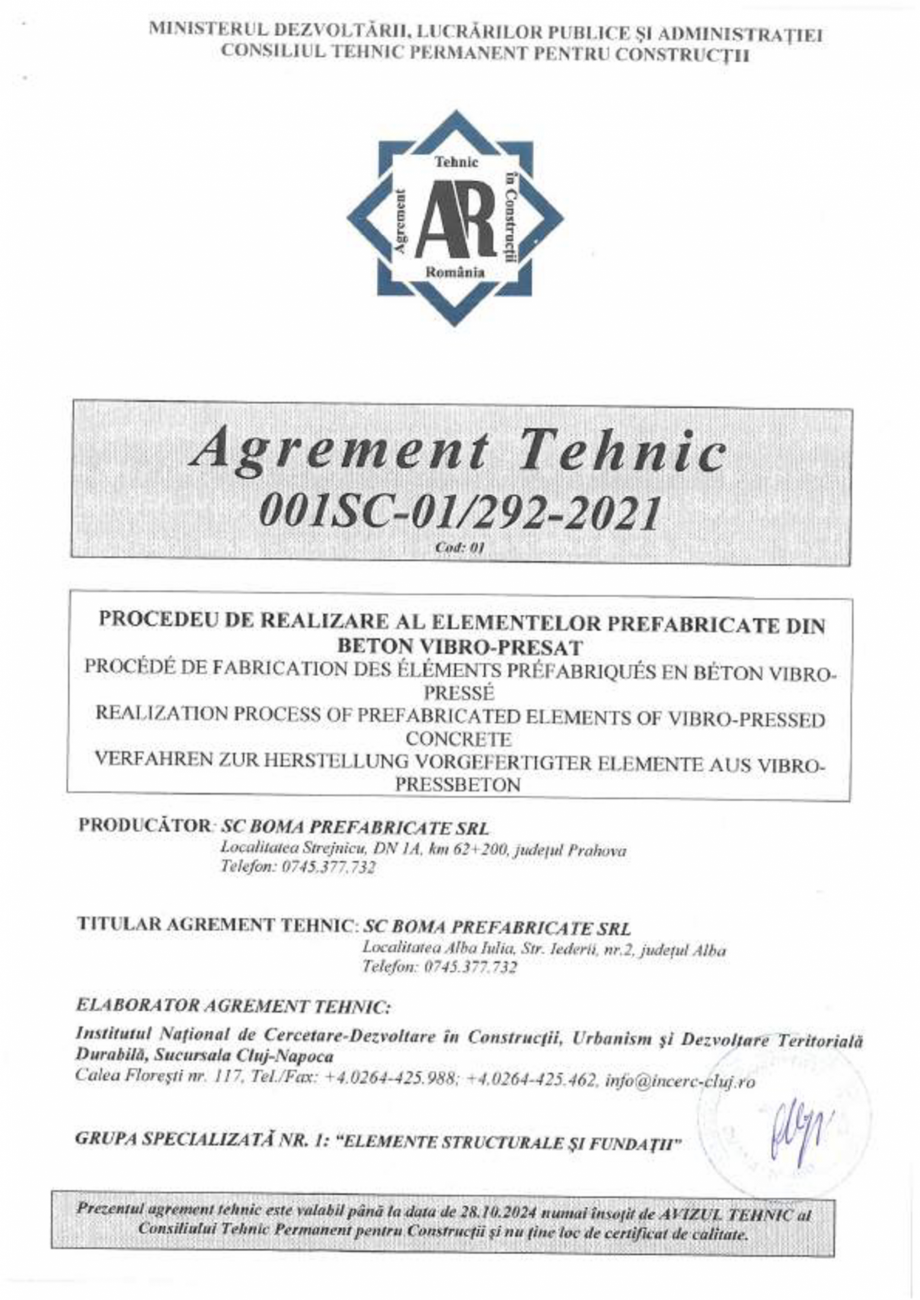 Pagina 1-Agrement Tehnic 001SC-01/292-2021 - procedeu de realizare - Elemente prefabricate din...