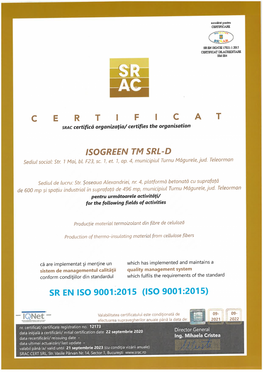 Pagina 1 - Certificat ISO 9001 ISOGREEN pentru izolatie cu fibre de celuloza Isogreen ISOGREEN FCH...