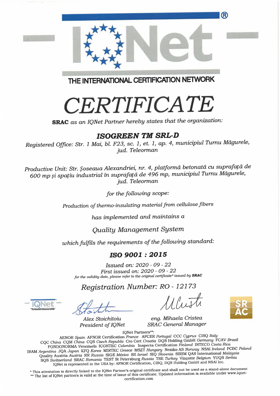 Pagina 2 - Certificat ISO 9001 ISOGREEN pentru izolatie cu fibre de celuloza Isogreen ISOGREEN FCH...