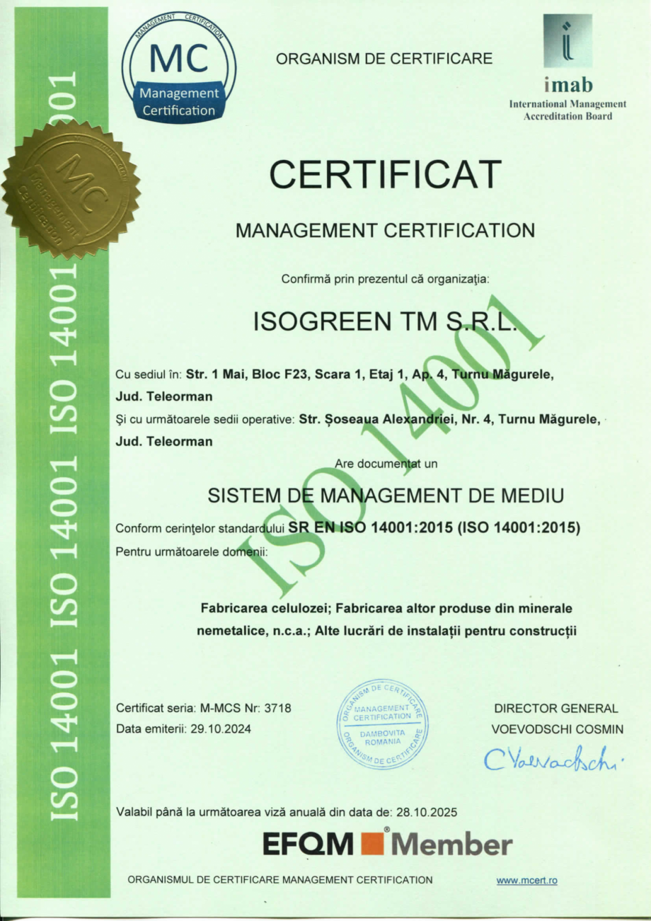 Pagina 1-Certificat – Sistem de Management de Mediu SR ES ISO 14001:2015 ISOGREEN TM  Isogreen...