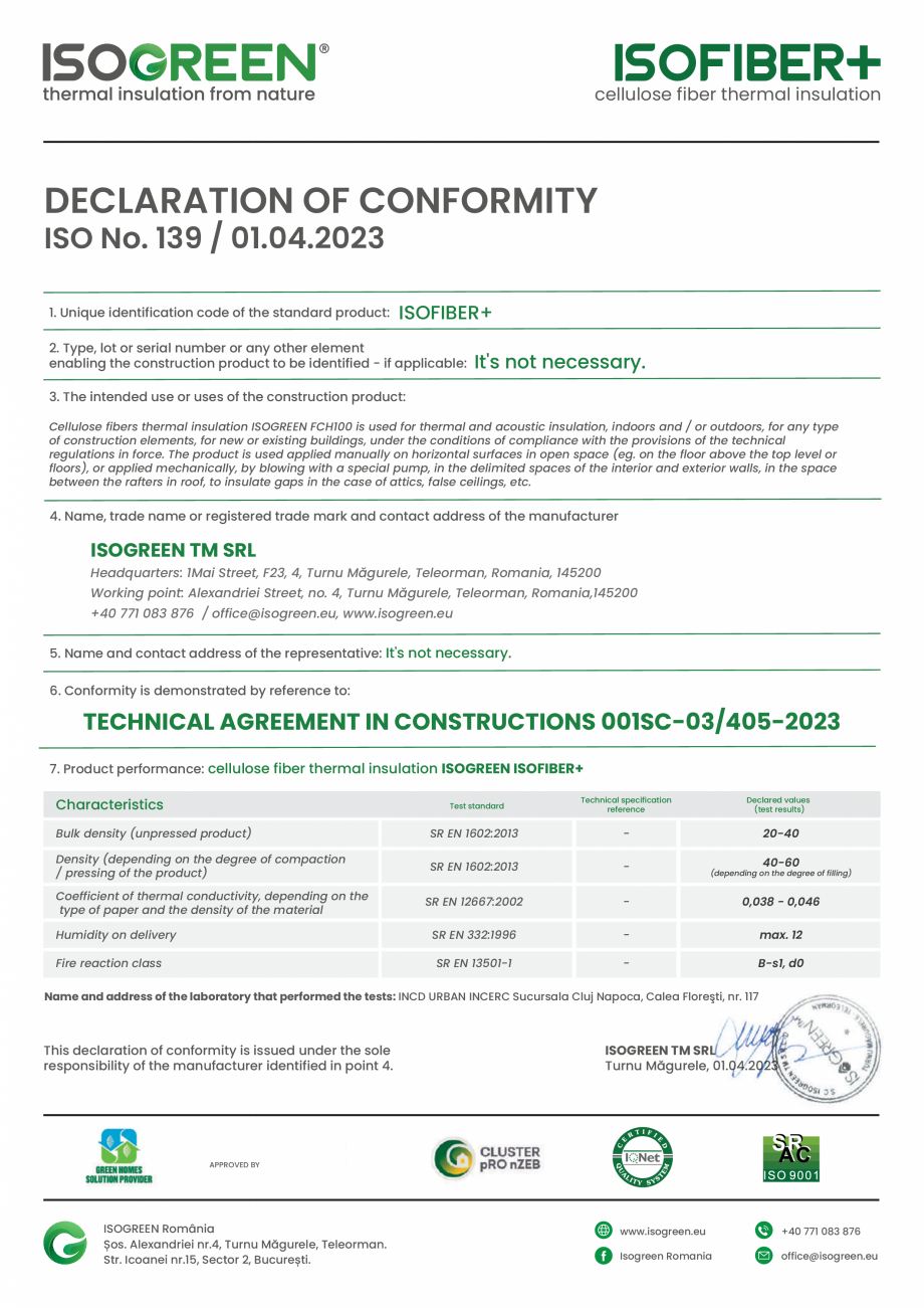 Pagina 5-Termoizolatia cu fibre de celuloza Isogreen ISOFIBER+ Fisa tehnica Romana lădiri noi sau existente,...
