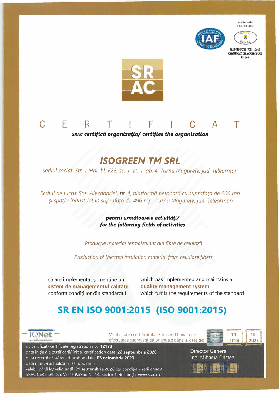 Pagina 1 - Certificat SRAC SR EN ISO 9001:2015 Isogreen ISOFIBER+ Certificare produs Engleza, Romana...