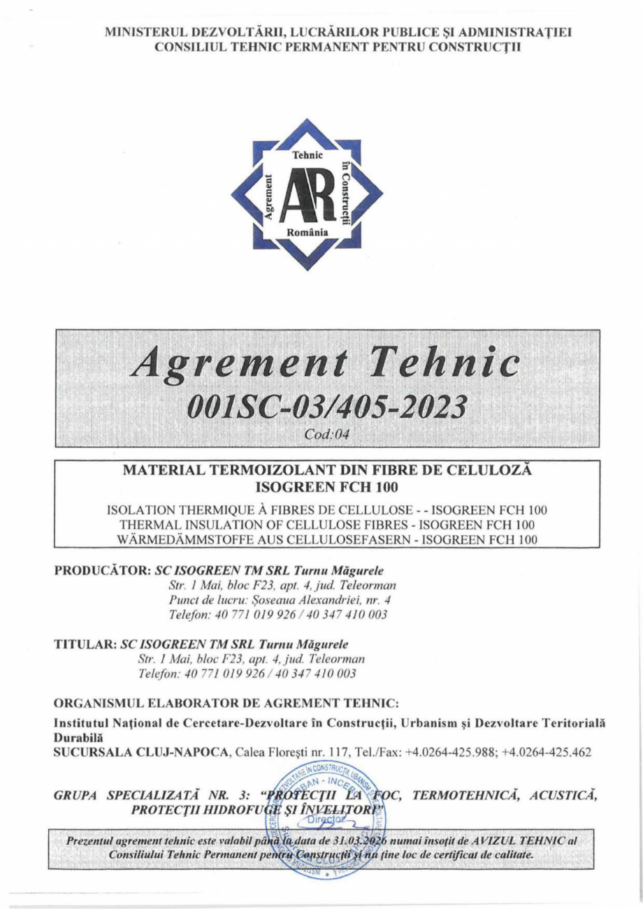 Pagina 1-Agrement tehnic.- termoizolatia cu fibre de celuloza Isogreen ISOFIBER+ Certificare produs Romana 