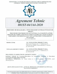 Agrement Tehnic - 001ST-04/144-2020 - Procedeu de realizare a tencuielilor naturale pe baza de argila
