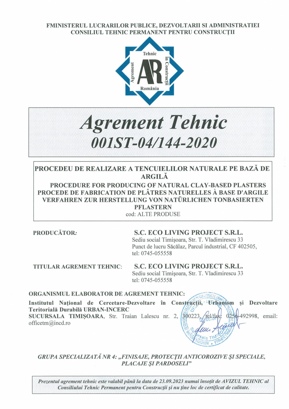 Pagina 1-Agrement Tehnic - 001ST-04/144-2020 - Procedeu de realizare a tencuielilor naturale pe baza de...