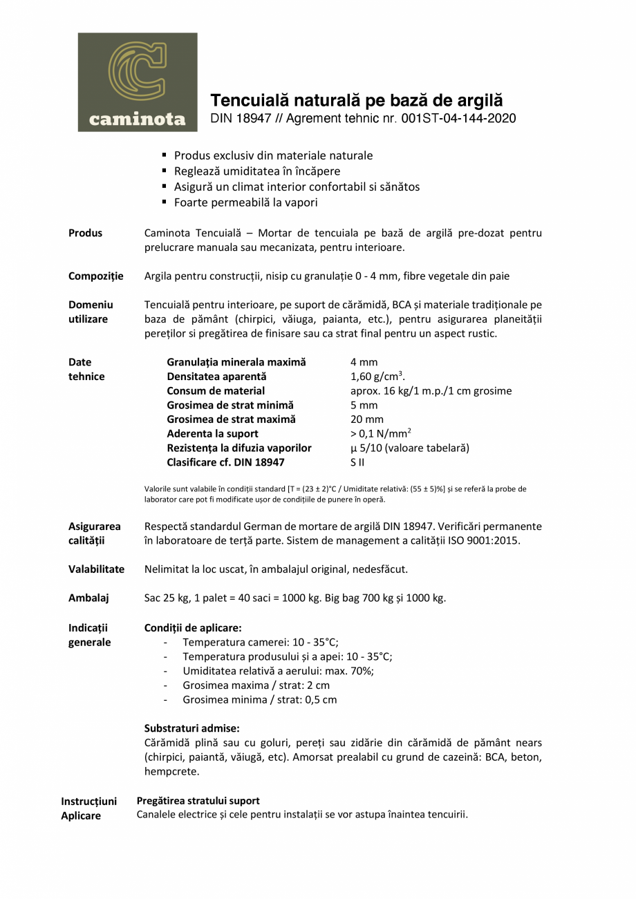 Pagina 1-Mortar de tencuire de argila cu paie pentru umplere si nivelare Caminota Caminota Tencuiala Fisa...