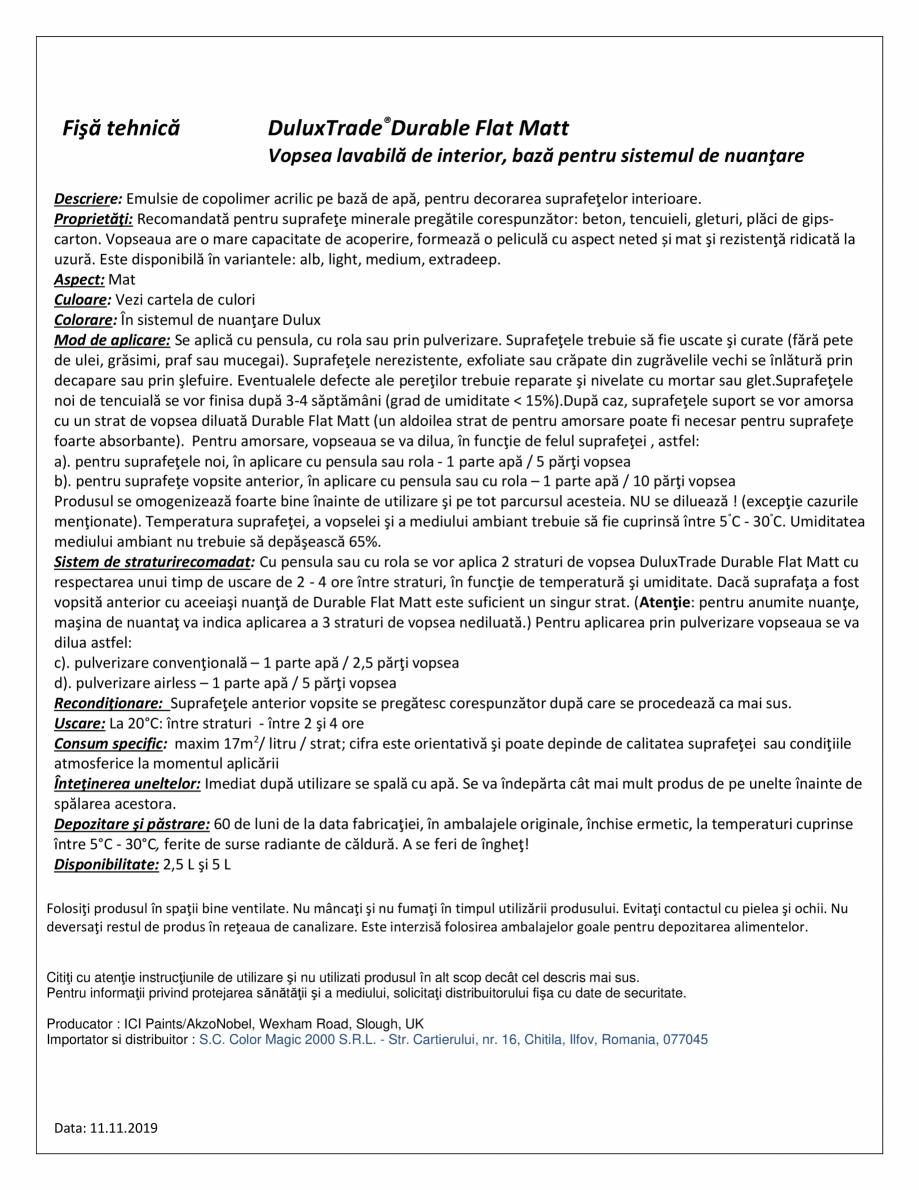 Pagina 1-Vopsea lavabila de interior DULUX Durable Flat Fisa tehnica Romana Fişă tehnică
...