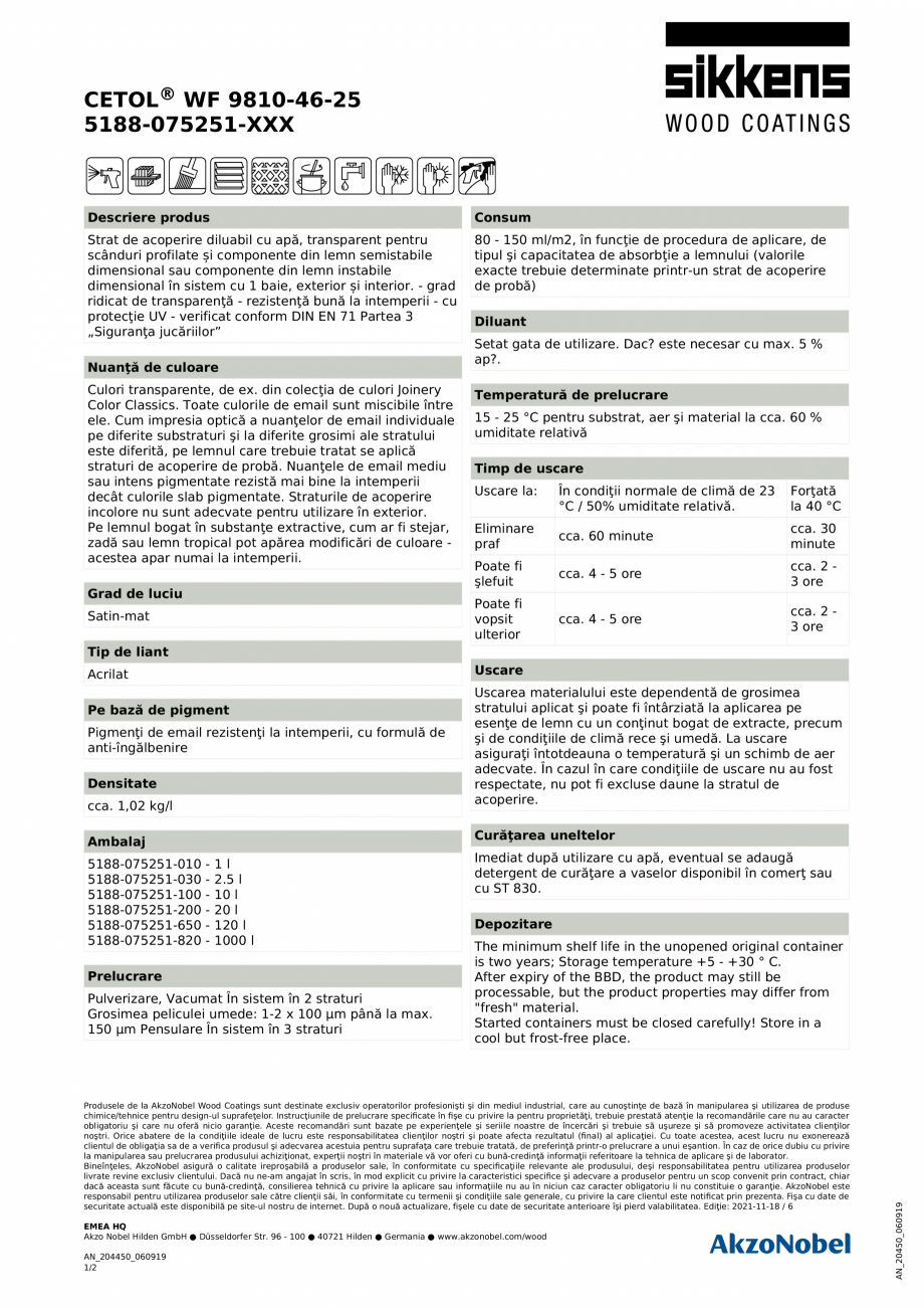 Pagina 1-Produs pe baza de apa, pentru decorarea si protejarea lemnului  Sikkens CETOL WF 9810-46-25 Fisa...