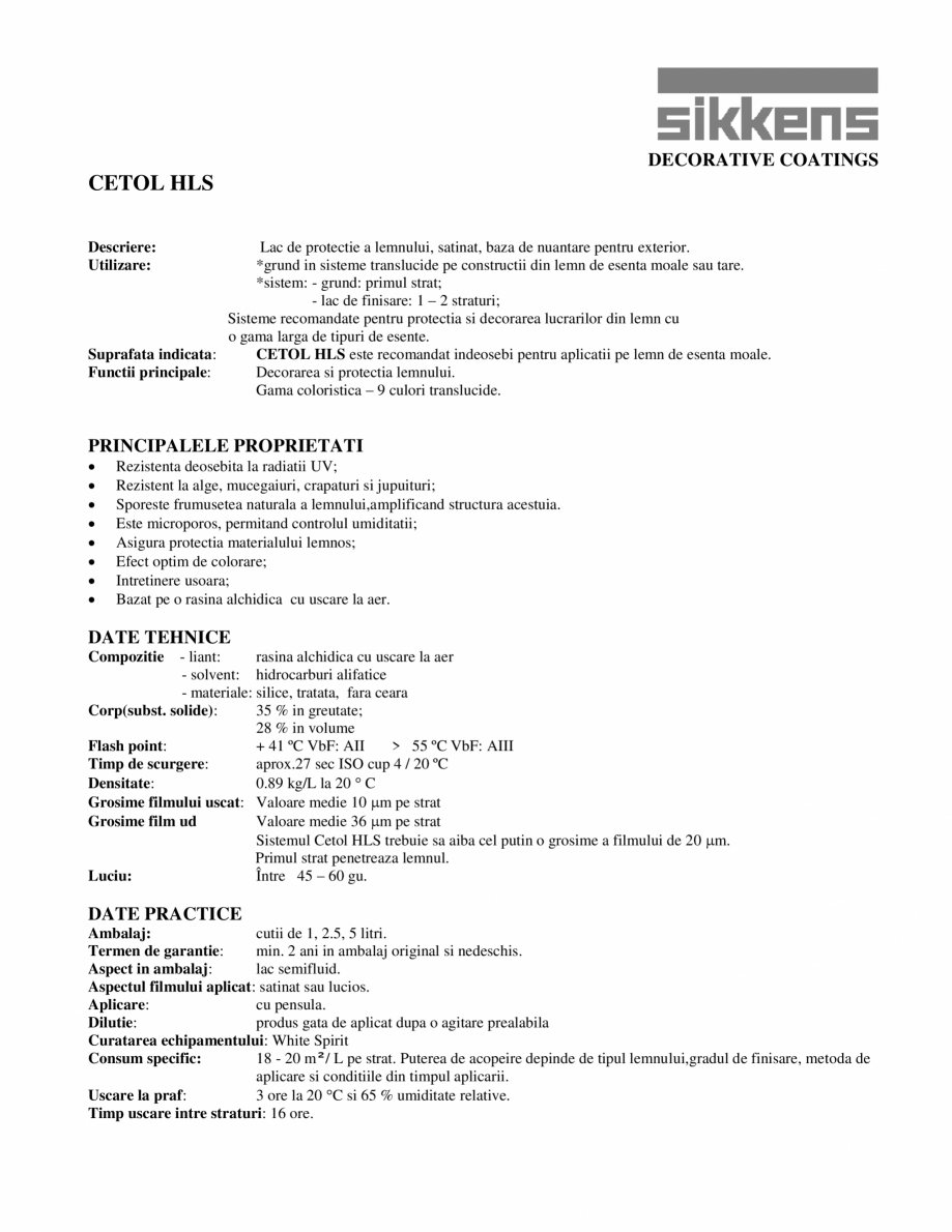 Pagina 1-Lac de protectie pentru exterior Sikkens CETOL HLS Fisa tehnica Romana...