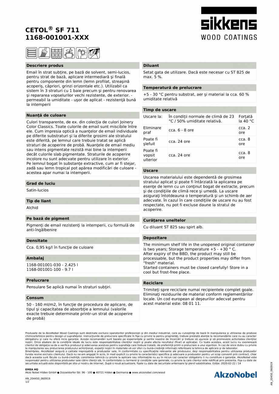Pagina 1-Email in strat subtire pentru componente din lemn Sikkens CETOL SF 711 Fisa tehnica Romana CETOL®...