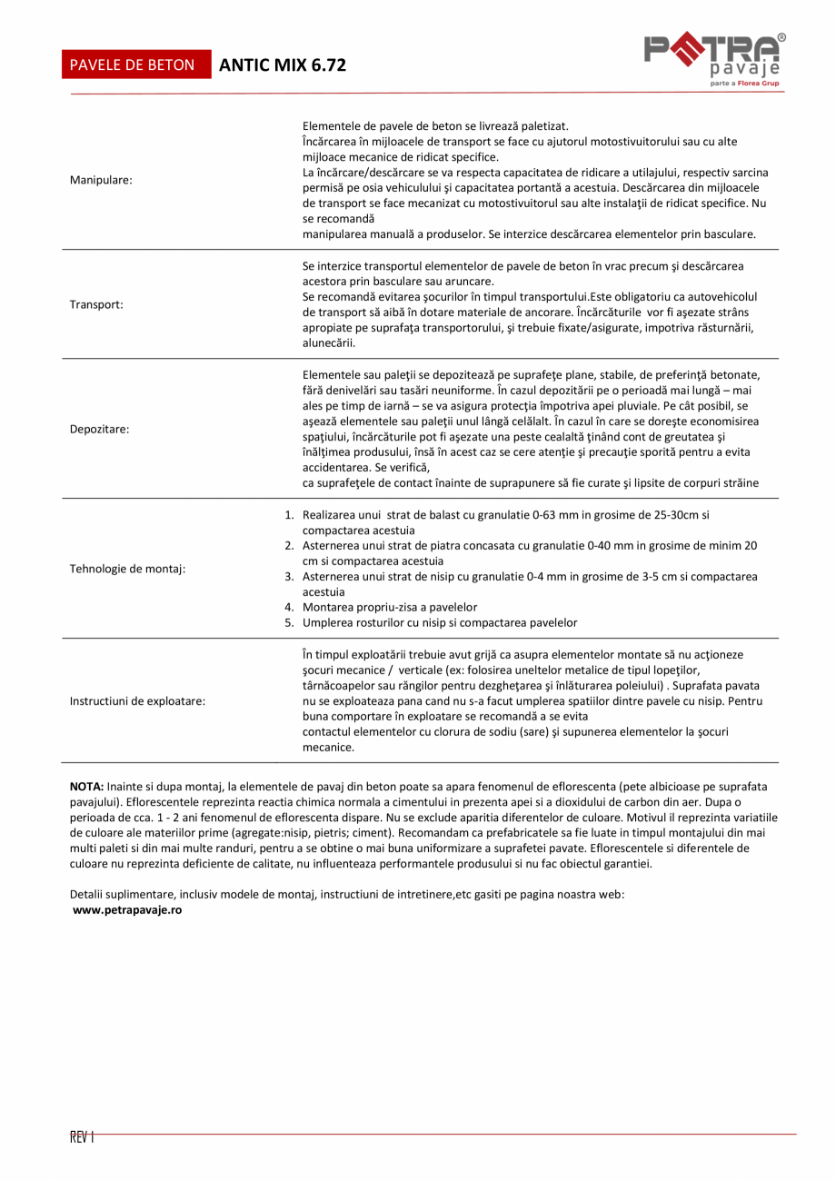 Pagina 2-Fisa tehnica pavaj ANTIC MIX 6.72 Petra Pavaje Fisa tehnica Romana  recomandata:

Utilizari...