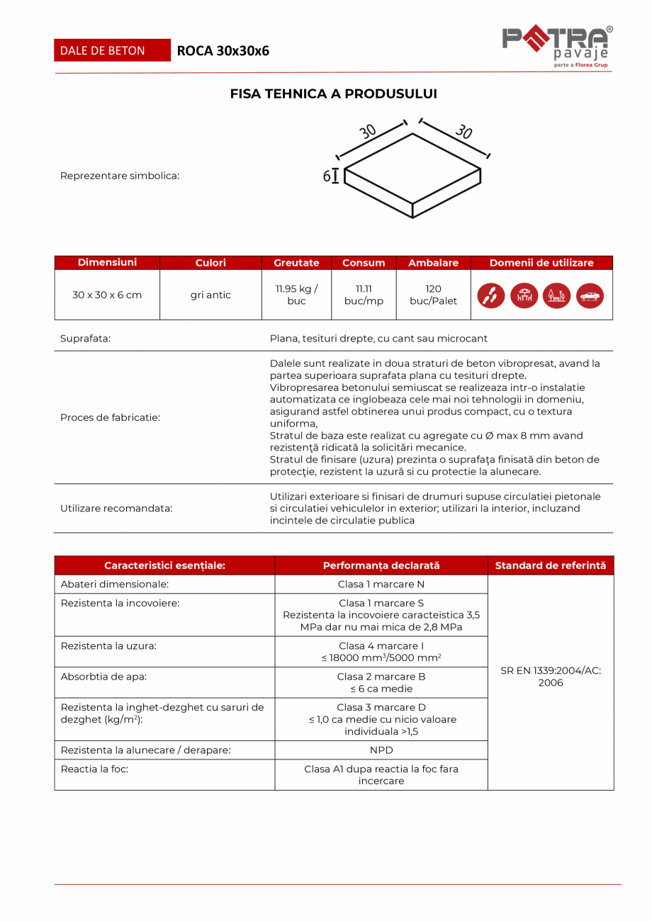 Pagina 1-Fisa tehnica pavaj ROCA 30x30x6 cu cant sau microcant Petra Pavaje Fisa tehnica Romana DALE DE BETON...
