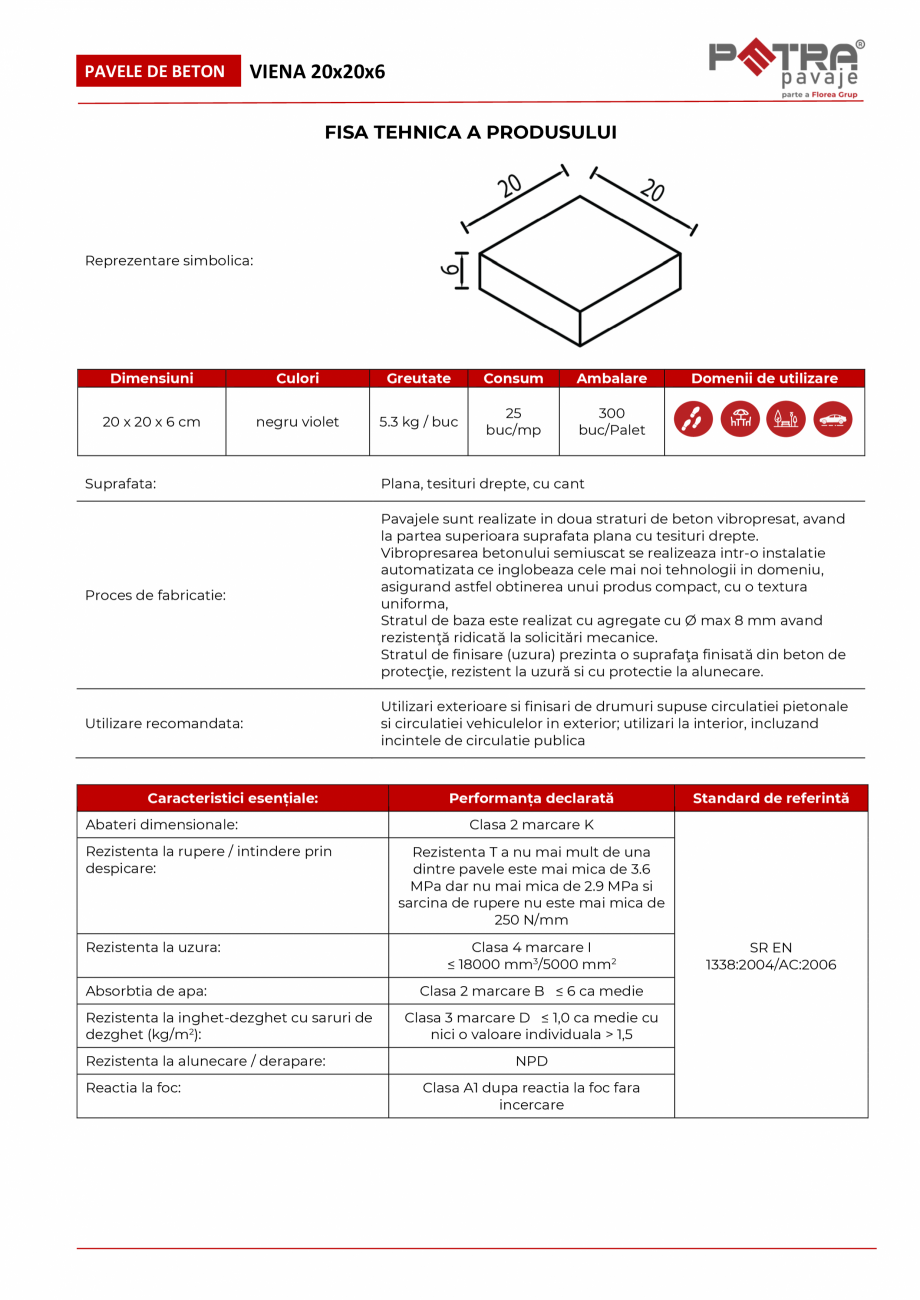 Pagina 1-Fisa tehnica pavaj VIENA 20x20x6 cu cant Petra Pavaje Fisa tehnica Romana PAVELE DE BETON

VIENA...