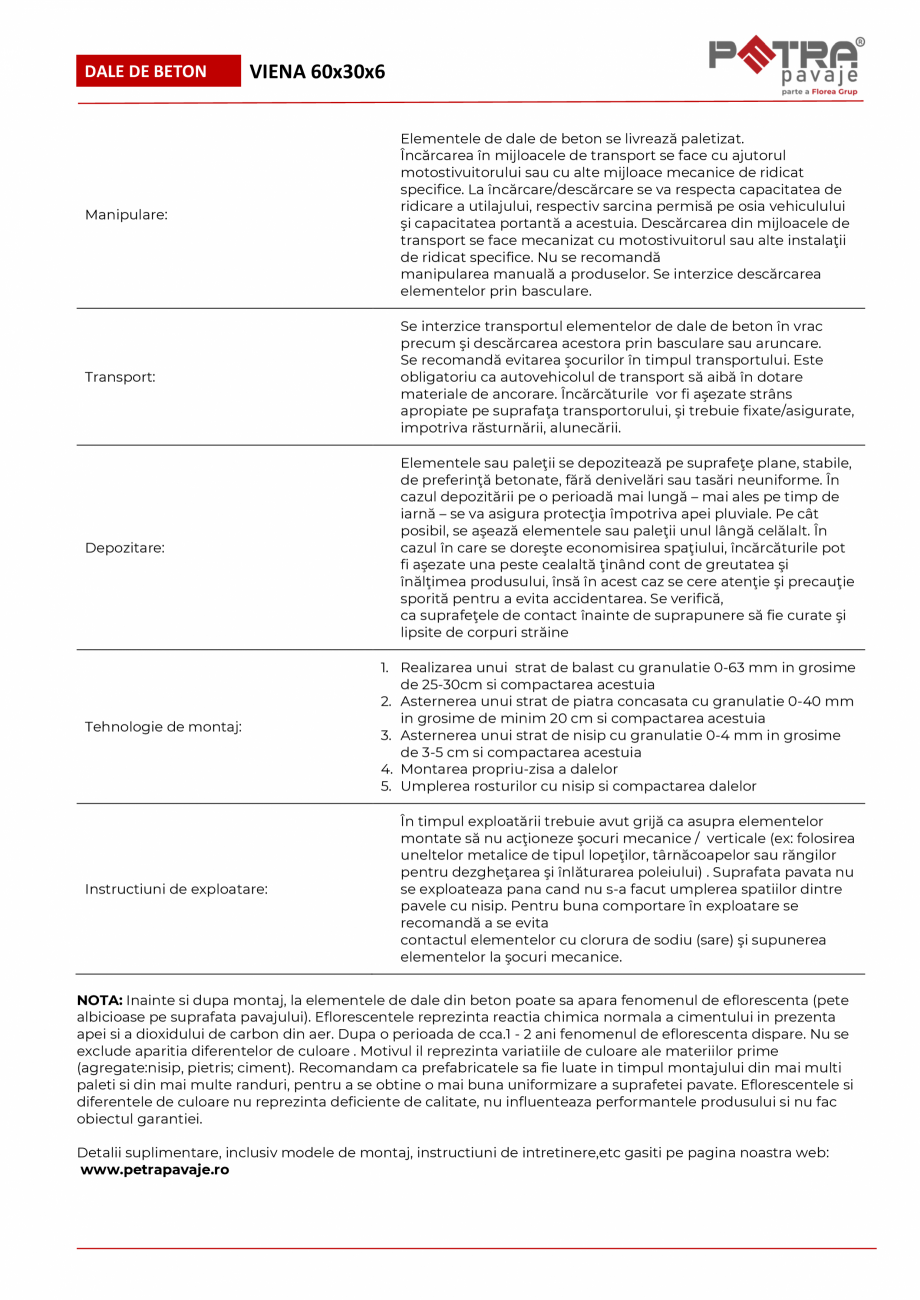 Pagina 2-Fisa tehnica pavaj VIENA 60x30x6 microcant Petra Pavaje Fisa tehnica Romana r; utilizari la interior...