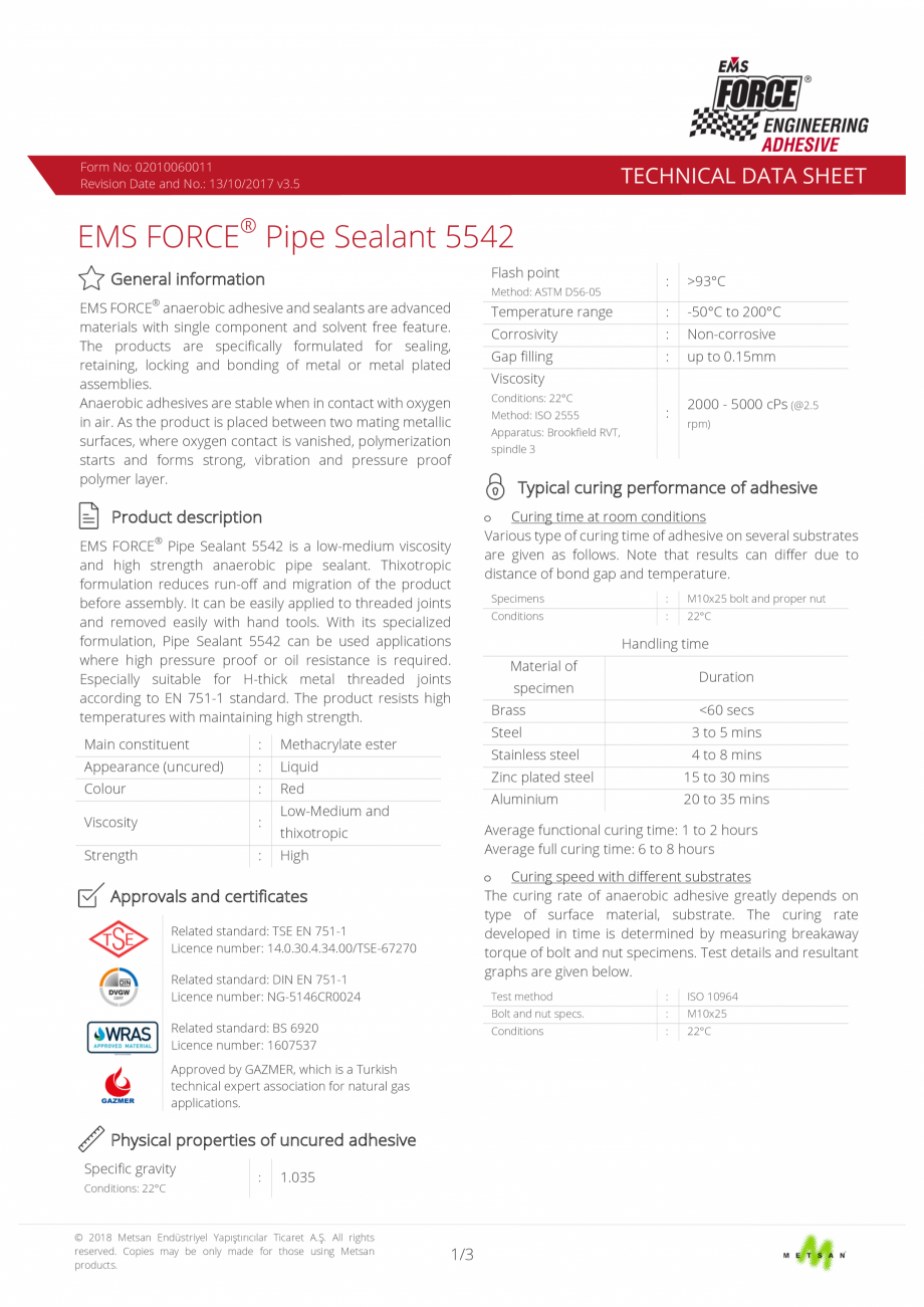 Pagina 1 - Adeziv etansare filete metalice - date tehnice EMS FORCE EMS FORCE 5542 Fisa tehnica...